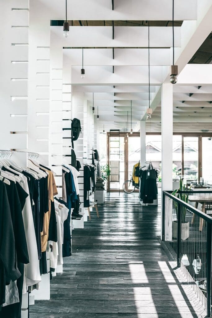 Interior of spacious modern fashion boutique with collection of various clothes hanging on racks in sunlight